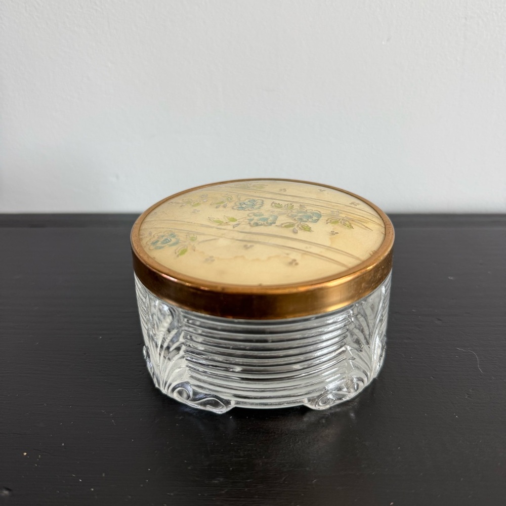 Vintage | Art Deco Round Glass Powder Jar with Metal Lid Enclosing Gold Tapestry